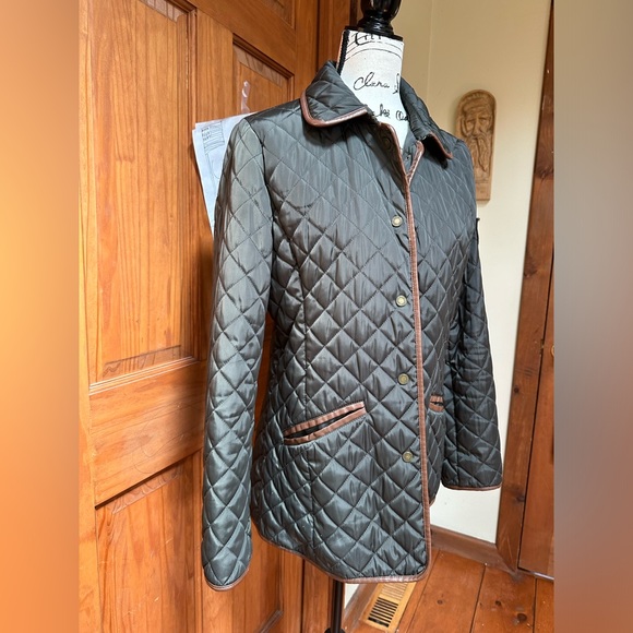 Ralph Lauren Women's Quilted Peplum Coat olive green with brown leather trim - Picture 2 of 7